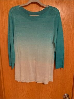 Chico's Teal to Light Blue Ombre Scoop Neck Sweater